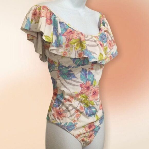 RAISINS Floral Off the Shoulder‎ Floral One Piece Ruffled Swimsuit Med - Picture 6 of 14